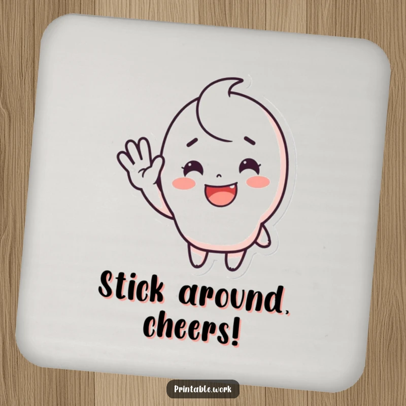Funny waving sticker coaster featuring a cute, happy character smiling and waving enthusiastically, protecting surfaces with cheerful charm.