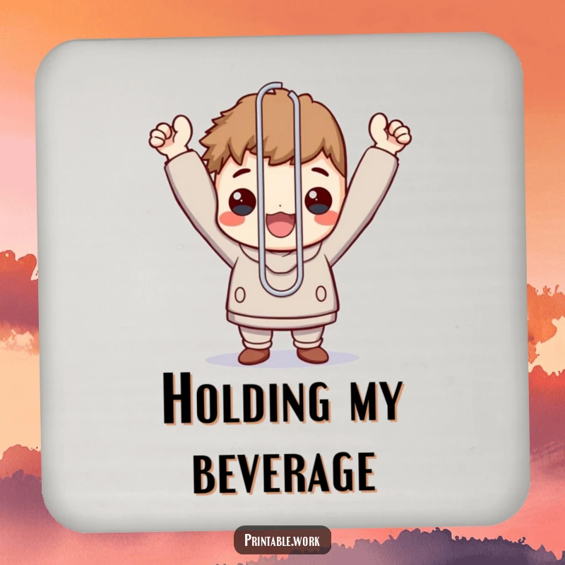 Funny drink coaster with a character triumphantly holding an oversized paperclip.