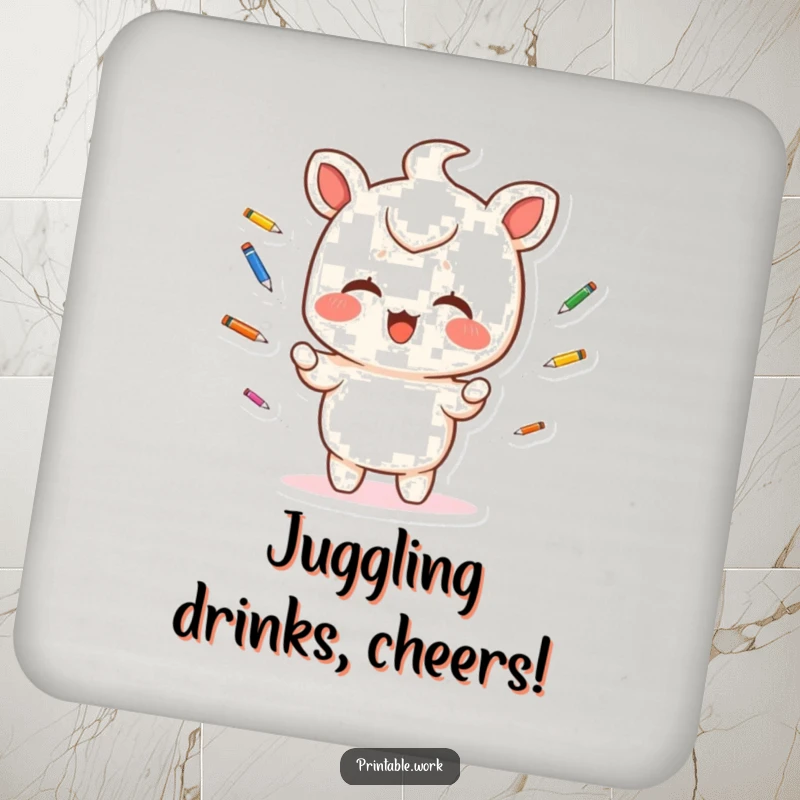 Funny Coaster: A giggling Kawaii character juggles colorful pens, adding artistic charm to your tabletop.