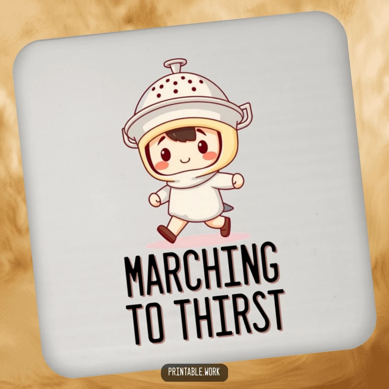 Funny Coaster: Set of coasters featuring a kawaii character marching bravely with a colander helmet, protecting surfaces with humor.
