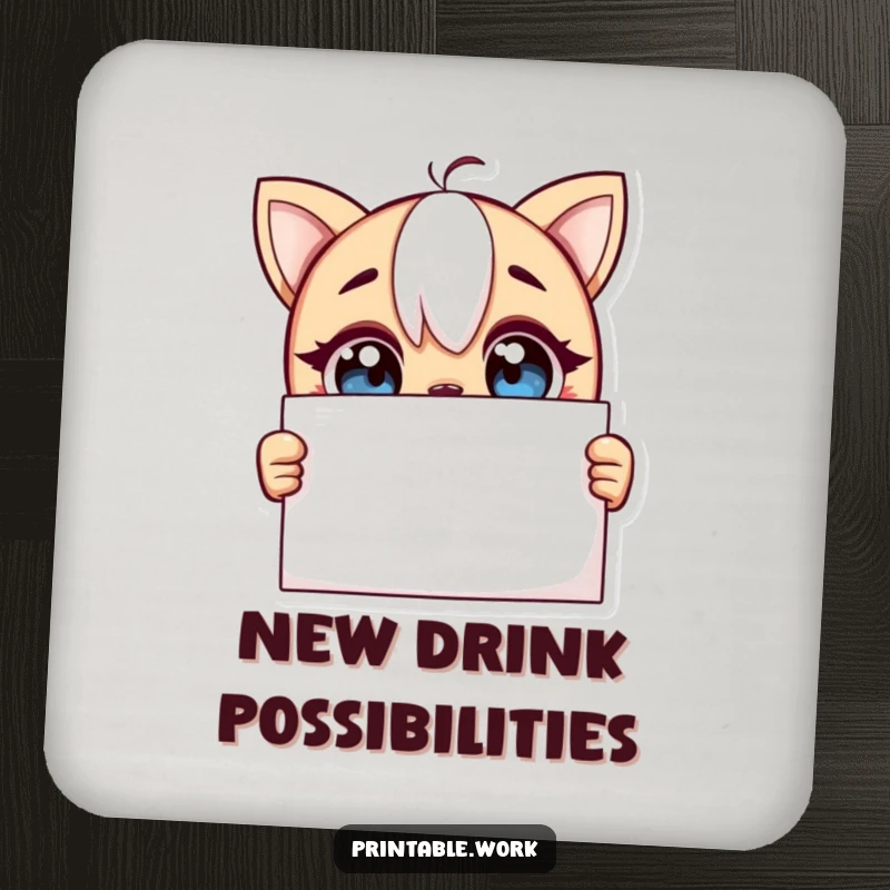 Funny drink coaster featuring a curious character with wide, excited eyes looking at a blank page, protecting tabletops with artistic charm.