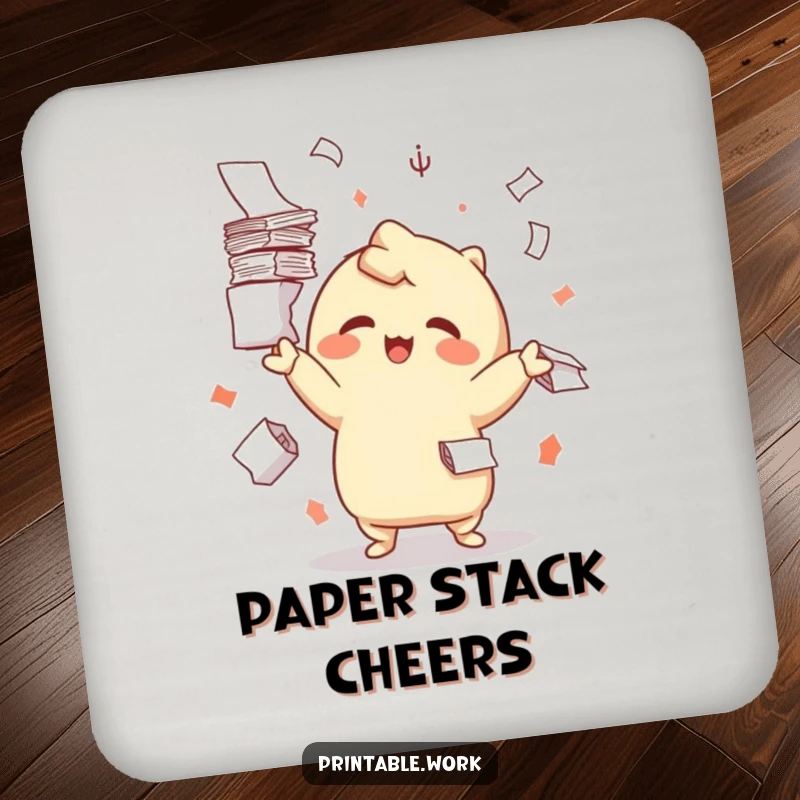 Funny drink coasters featuring a delighted Kawaii character juggling paper, adding humor to drink service.