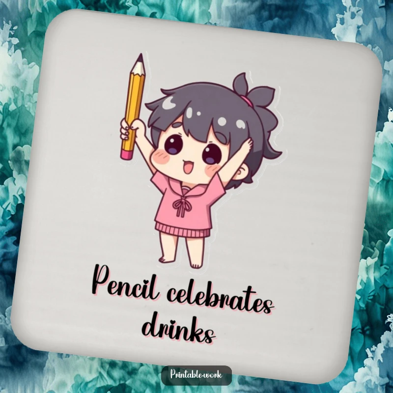 Funny drink coasters featuring a character holding a single used pencil, protecting surfaces with minimalist charm.