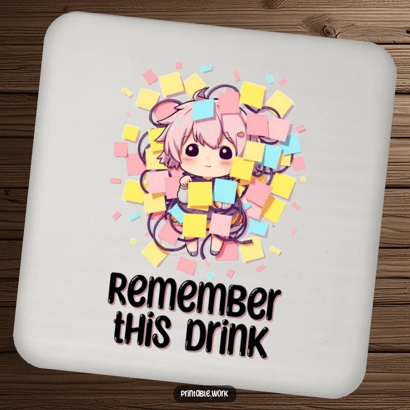 Funny coaster featuring a character humorously entangled in sticky notes, protecting surfaces with creative flair.