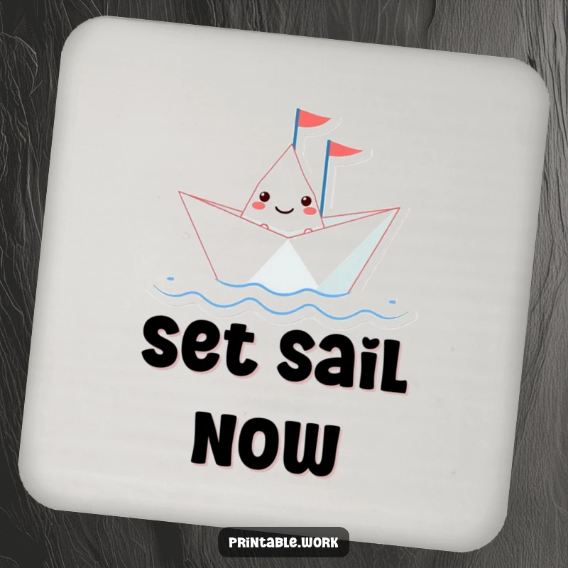 Funny paper boat character with a tiny flag sailing on a wavy line, featured on a drink coaster, protecting surfaces with style.