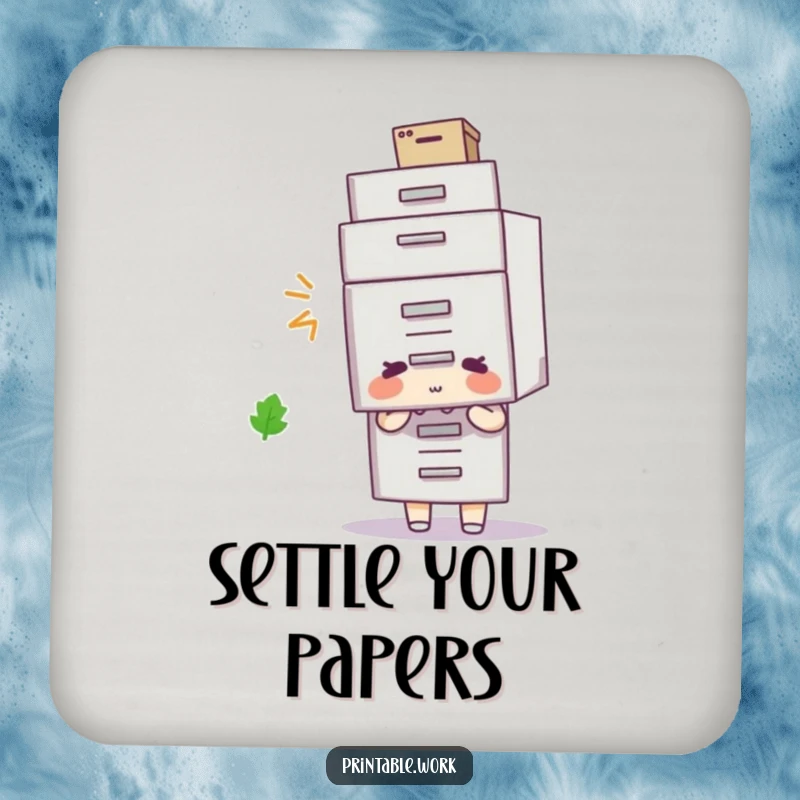 Funny filing cabinet hat coaster, character wearing a filing cabinet hat, humorous drink accessory.