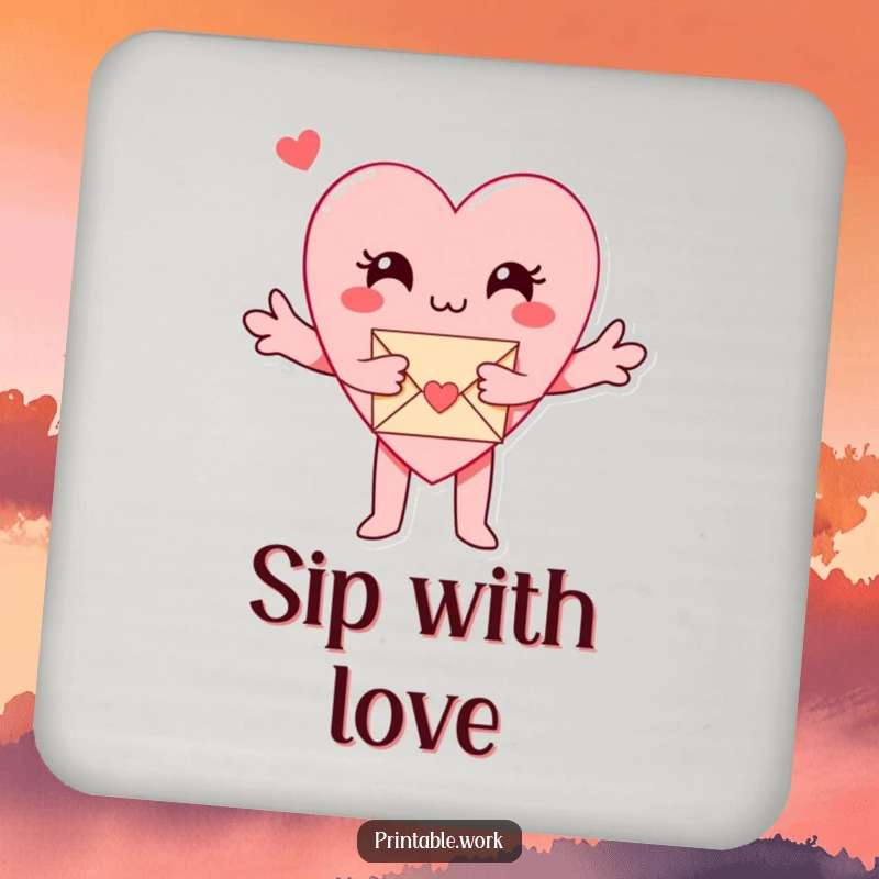 Funny Paper Heart Drink Coaster: A paper heart character hugs a tiny envelope, offering stylish and funny surface protection.