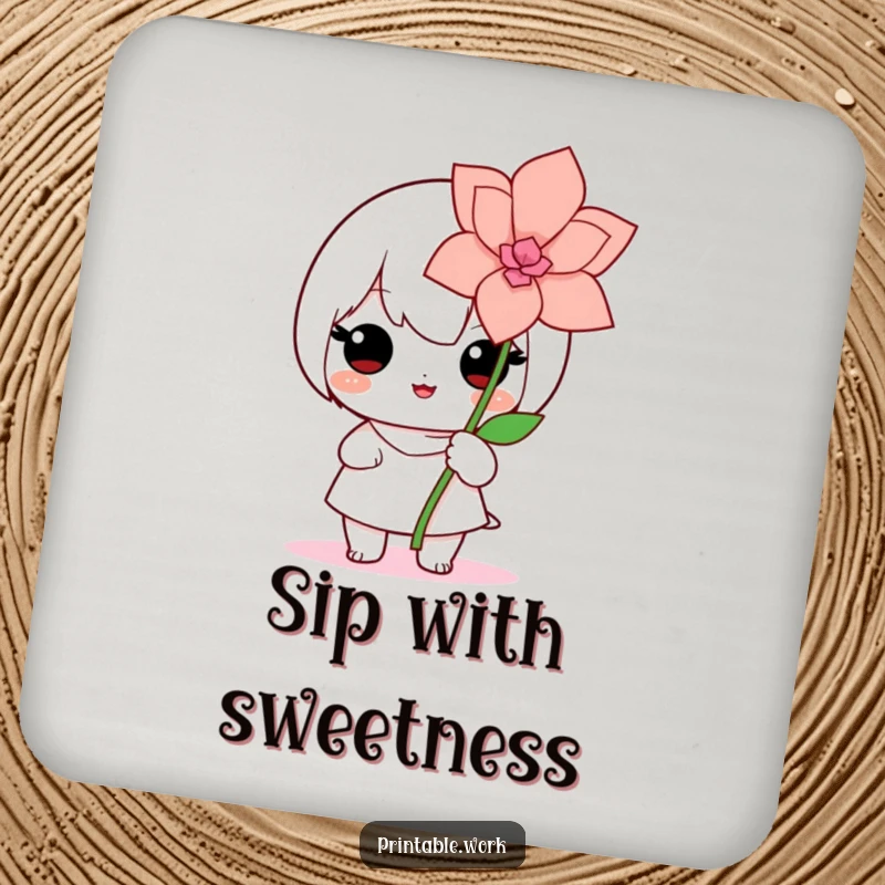 Cute Kawaii drink coaster featuring a proud character showcasing a beautifully crafted paper flower, adding a sweet and artistic touch to tabletops.
