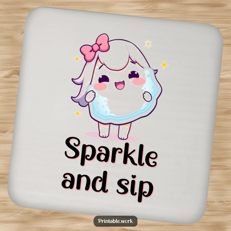 Funny Coaster: A delighted Kawaii character holds a huge, sparkly sticker, protecting your surfaces with joy and style.
