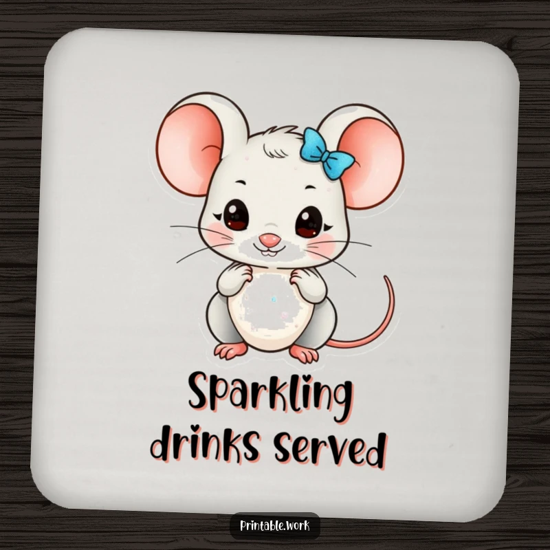 Funny Kawaii mouse character arranging glittery embellishments on a drink coaster, adding meticulous art and humor to your table.