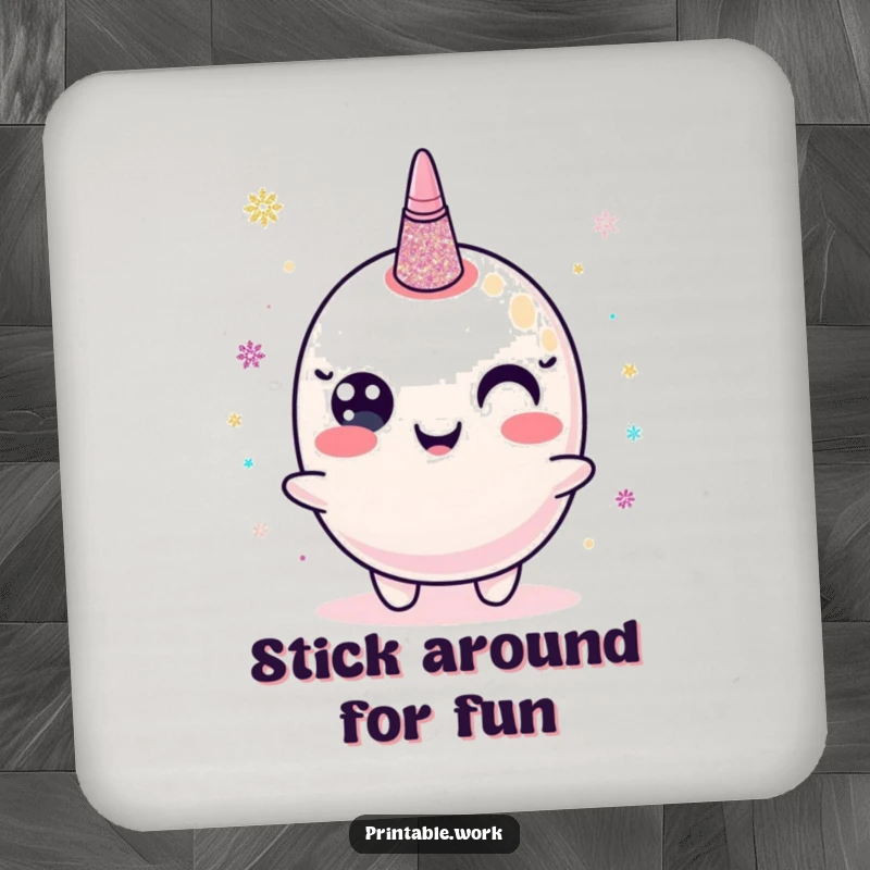 Funny drink coaster featuring a happy glitter glue character dispensing shimmering dots, protecting surfaces with artistic humor.