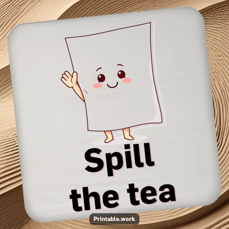 Funny Drink Coaster featuring a smiling paper character waving a large sheet, protecting surfaces with humor.