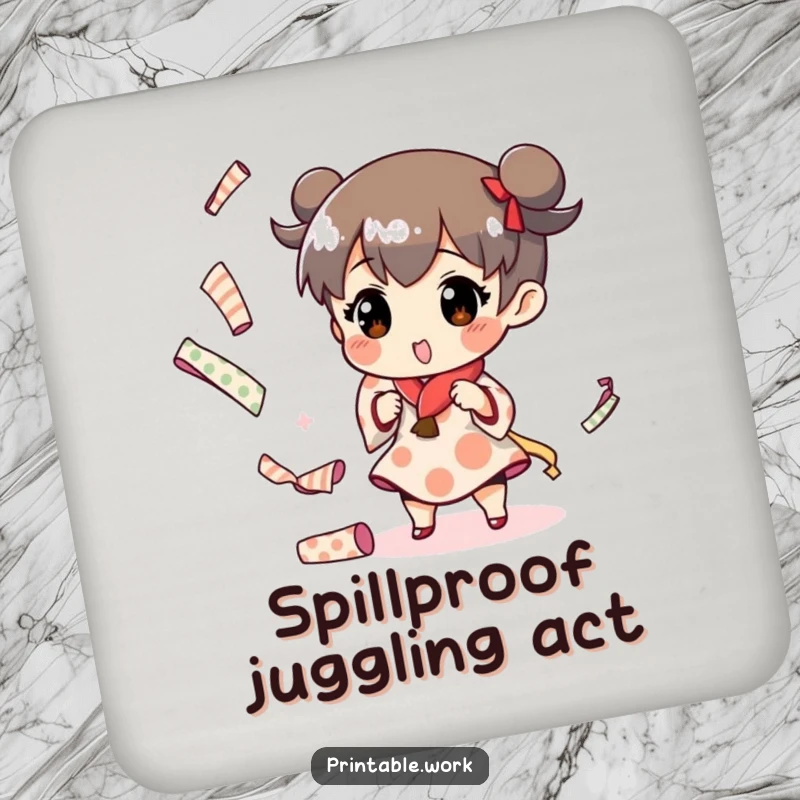 Funny drink coaster featuring a character juggling paper rolls, adding artistic humor and surface protection.