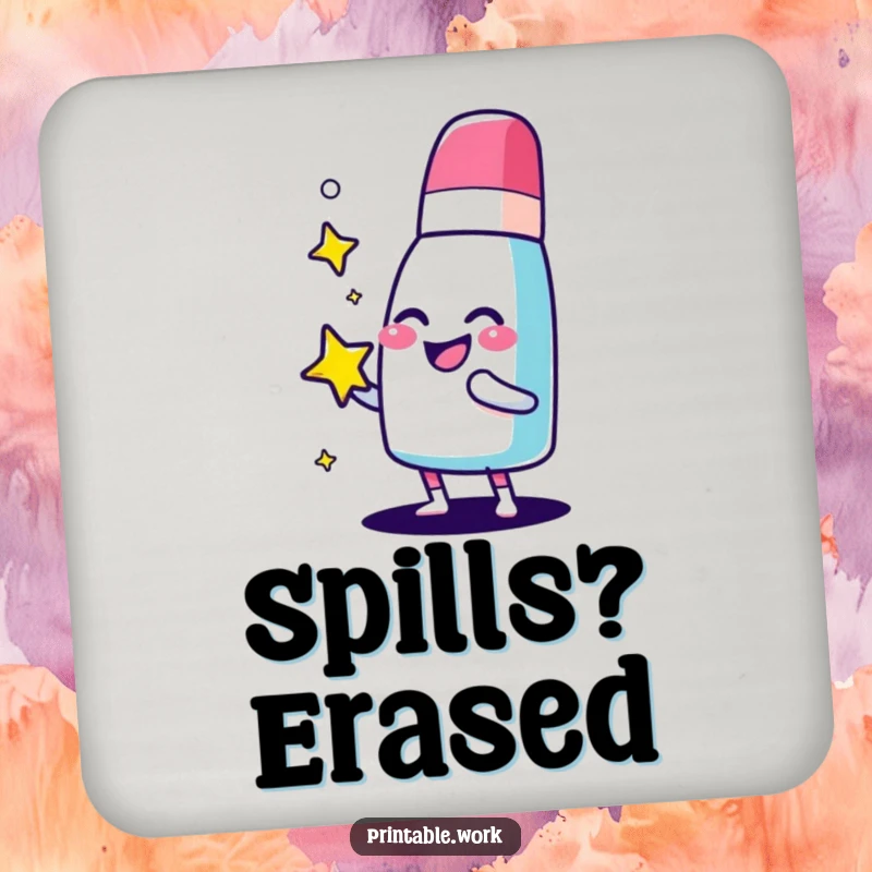 Funny giggling eraser character coaster, joyfully polishing a sparkling star, protecting surfaces with neat charm.