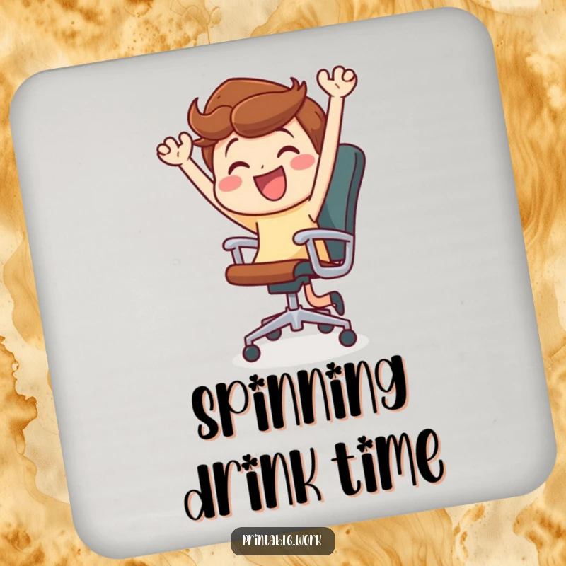 Funny drink coaster featuring a character joyfully dancing and spinning in an office chair, a humorous addition to home decor.