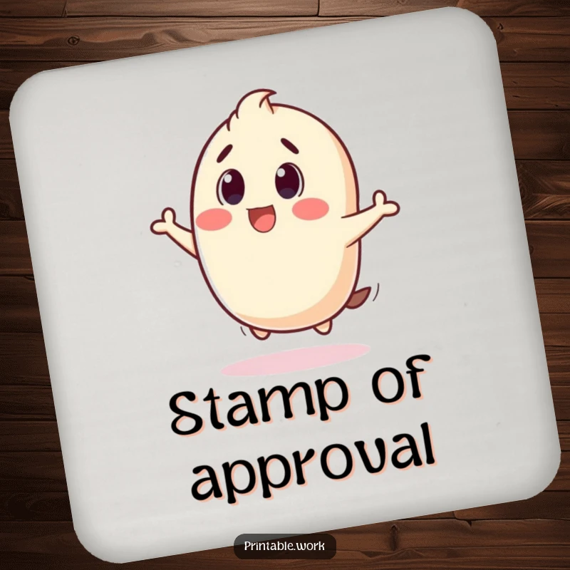 Funny drink coaster illustrating a stamp character bouncing with a joyful 'thud', protecting surfaces with humorous impact.