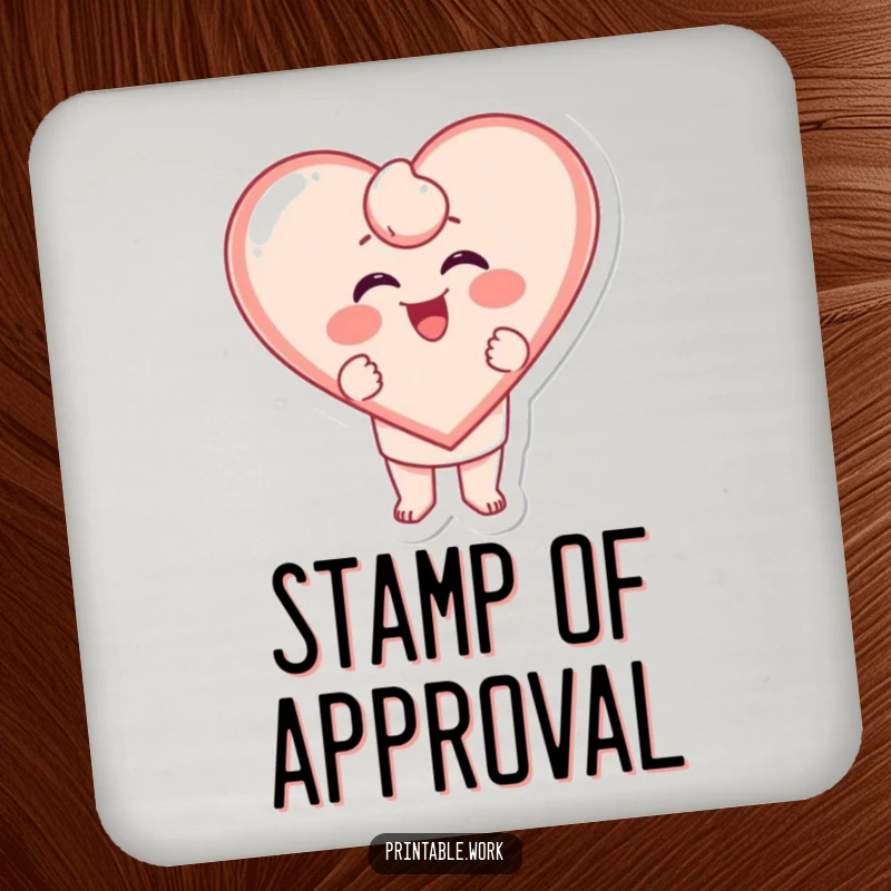 Funny Heart Coaster: A character excitedly stamping a giggling heart shape, protecting surfaces with love.