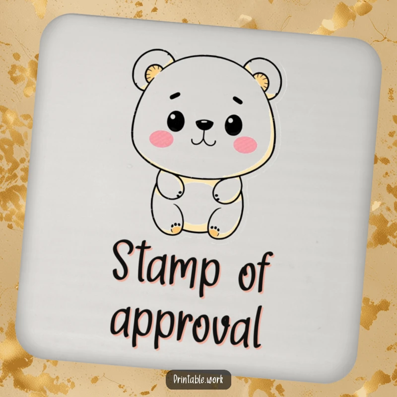 Funny Kawaii bear character using ink stamps on a drink coaster, bringing playful art and humor to your table.