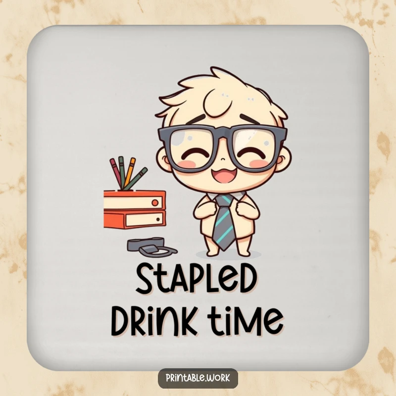 Funny drink coaster featuring a character accidentally stapling their tie to a desk, adding humor to table protection.