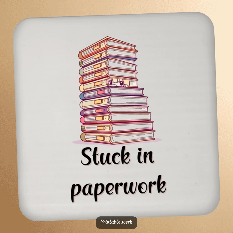 Funny drink coaster set with a peeking character from behind files, protecting furniture with comedic flair.