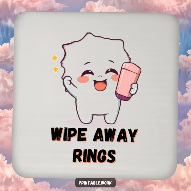 Funny drink coaster featuring a giggling character using a giant eraser to reveal a hidden image, protecting tabletops with playful charm.