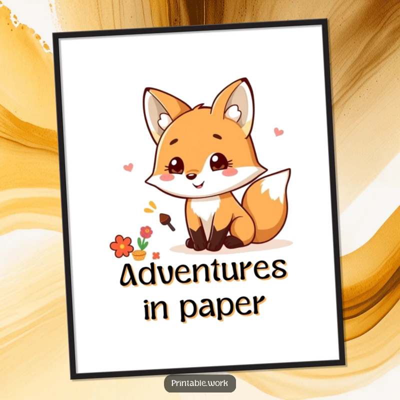 Funny Kawaii Fox Scrapbooking Poster showing a smiling fox with glue and paper, enthusiastically decorating a scrapbook page, a cheerful and funny gift.