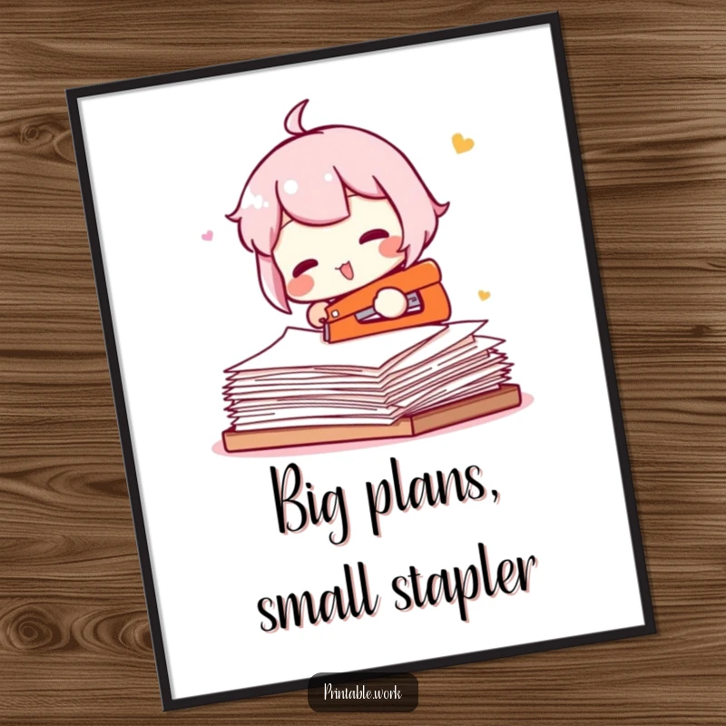 Funny poster depicting a character comically attempting to staple an entire ream of paper, great for office wall art.