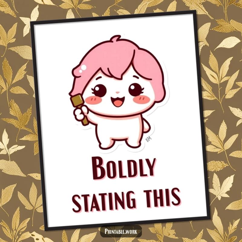 Funny poster of a cute Kawaii character cheerfully stamping a large, vibrant icon with a big smile.