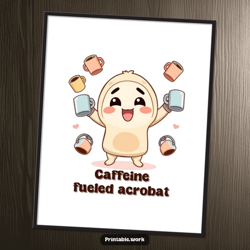Funny Poster: Vibrant kawaii character masterfully juggling numerous coffee mugs, radiating pure enthusiasm and happiness, ideal wall decor.
