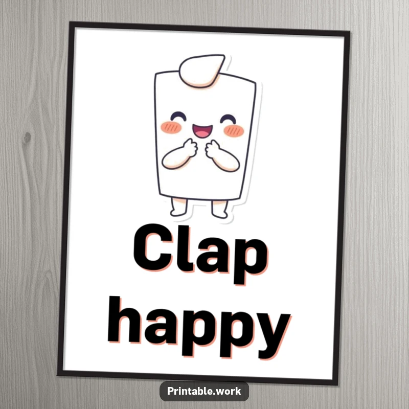 Funny poster: Happy paper character joyfully clapping with tiny hands, expressing pure delight and celebration.