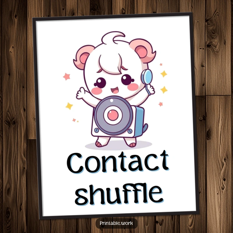 Funny Kawaii Rolodex Poster showing an adorable Kawaii character doing a silly dance with a rolodex, a humorous and cute piece of art.