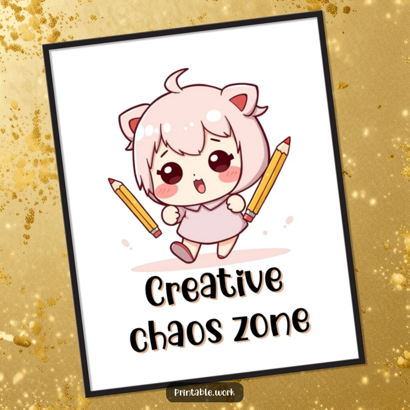 Funny Kawaii character in a comical tumble amidst scattered pencils, captured on a humorous and vibrant poster.