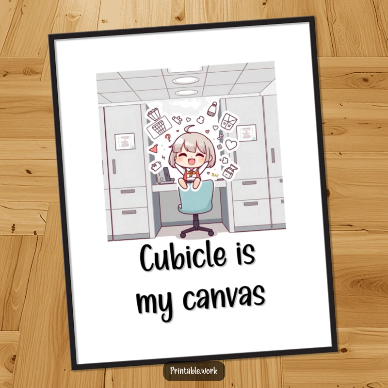 Funny poster illustration of a character joyfully adding whimsical drawings to a drab cubicle, highlighting office personalization.