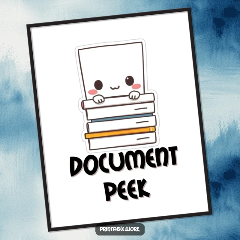 Funny poster: Paper character shyly peeking from behind a stack of documents, charming and humorous wall art.