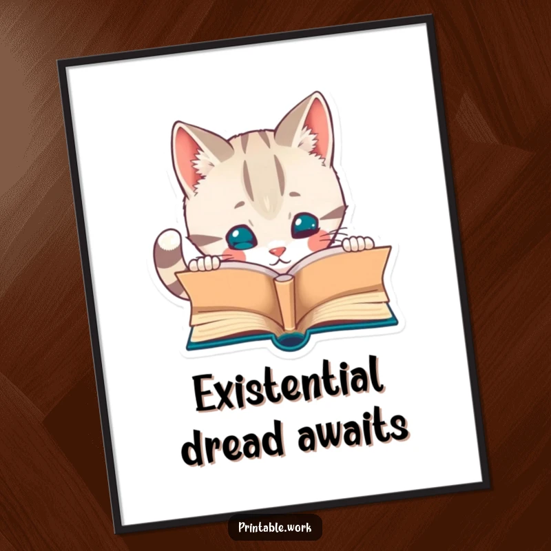 Funny poster print of a curious cat character intently reading a tiny, open book, adding whimsical charm to any room.