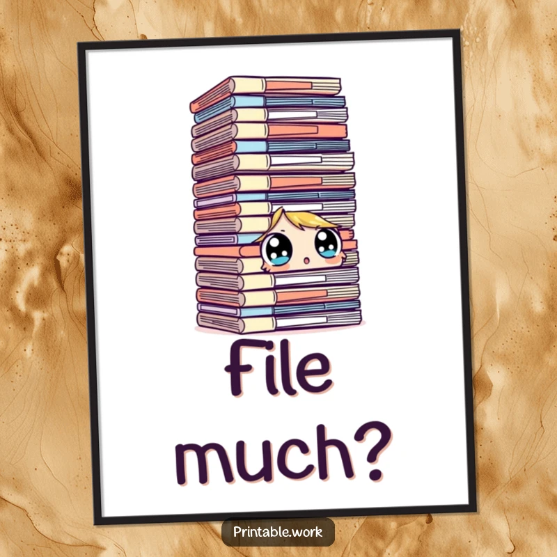 Funny character poster, surprised looking at a towering stack of files with wide eyes, overwhelmed, office humor, relatable art, humorous gift.