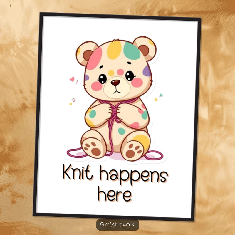 Funny poster of a content bear character knitting a colorful, abstract yarn pattern, perfect for adding a cozy and humorous touch.