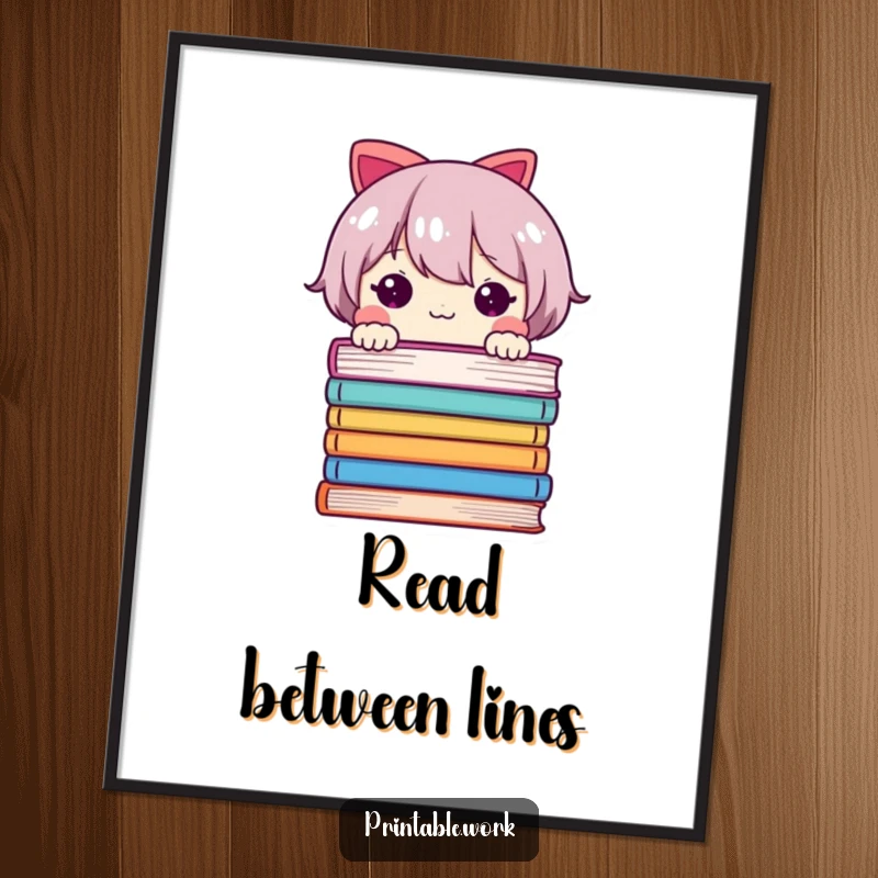 Funny poster art of a cute character peeking playfully from behind a stack of colorful book pages, evoking a love for stories.