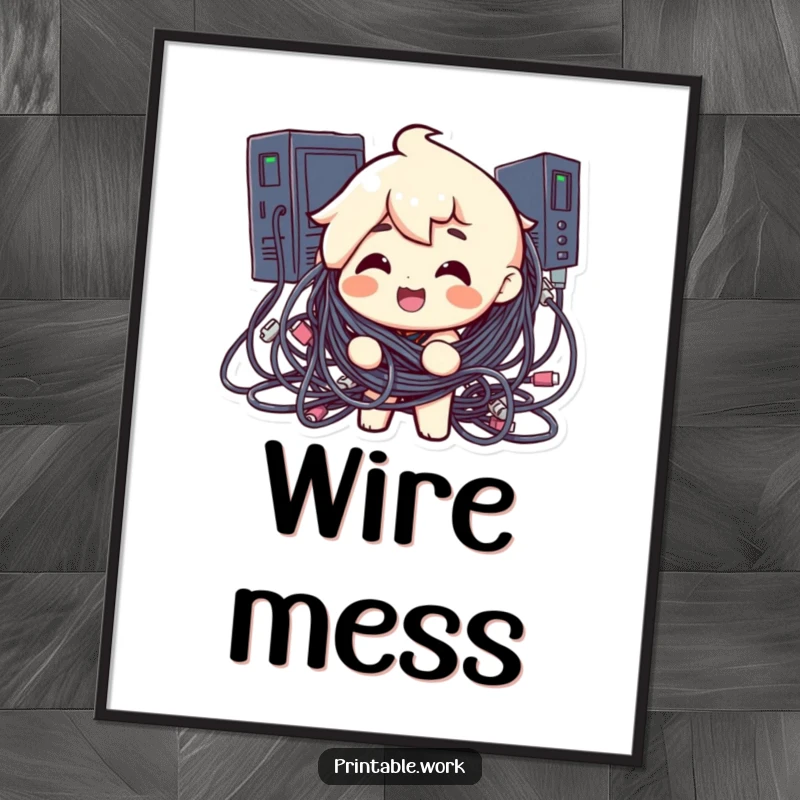 Funny poster art of a cheerful character completely tangled in a mess of computer cables, a humorous depiction of tech clutter.