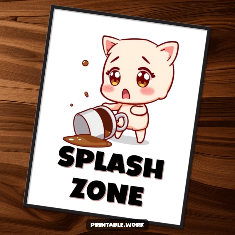 Funny poster art of a character with surprised eyes, attempting to catch a flying, spilled coffee mug, a humorous depiction of chaos.