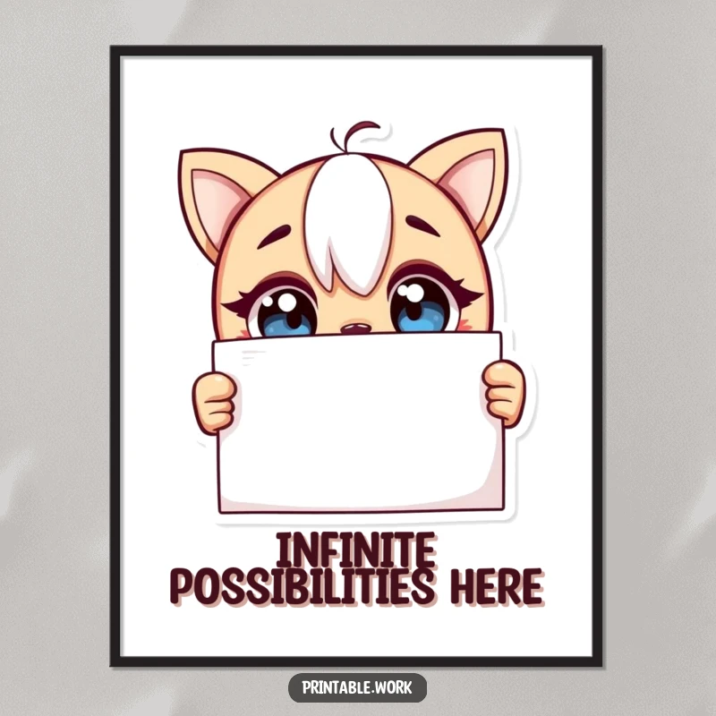 Funny poster of a curious character with wide, excited eyes looking at a blank page, symbolizing endless potential and creativity.