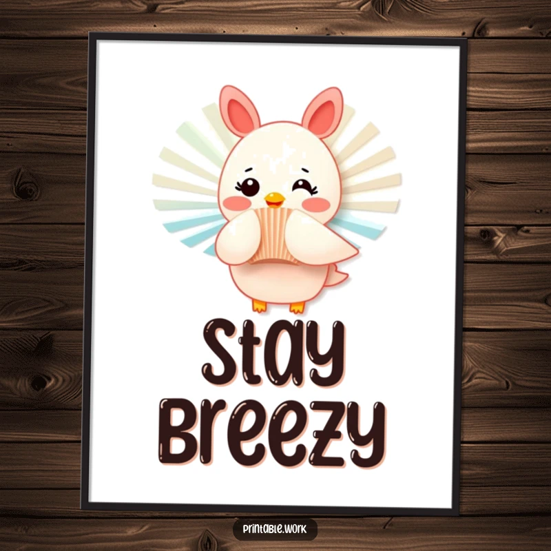 Funny poster featuring a rosy-cheeked paper fan character fluttering playfully, perfect for humorous and uplifting wall decor.