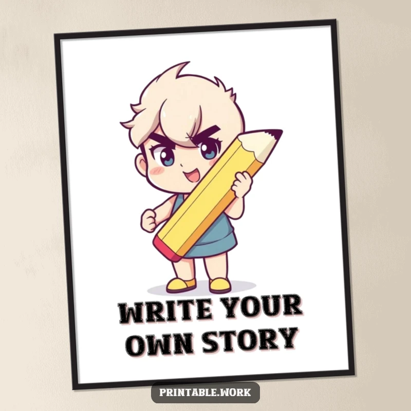 Funny poster art of a character holding a giant pencil, with a happy determined expression, symbolizing creativity.