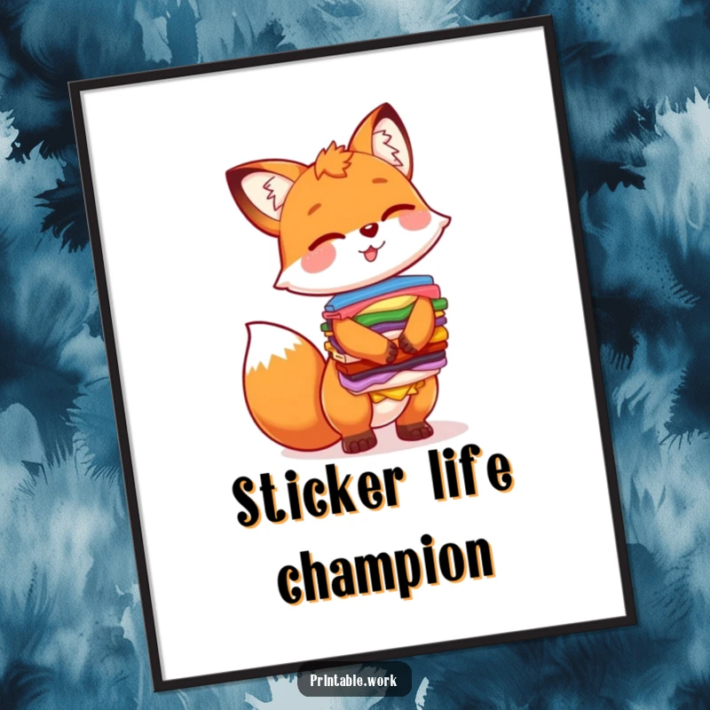 Funny poster showcasing a laughing fox character precariously balancing a large, colorful assortment of stickers, adding artistic flair.