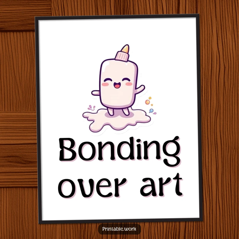 Funny poster art of a cheerful glue stick character leaving a trail of shiny goo, adding creative and joyful decor.