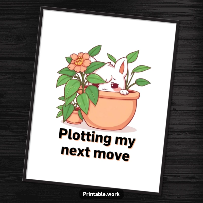 Funny hidden plant poster depicting a character with a mischievous glint, hiding behind a large plant, inviting playful discovery.