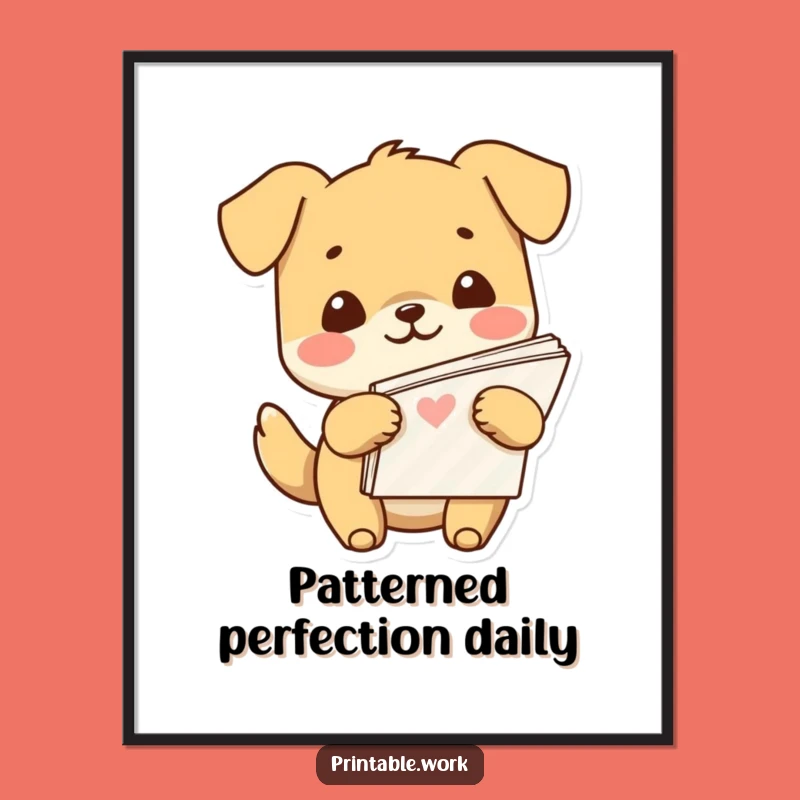 Funny Kawaii Dog Paper Stack Poster: Cheerful Wall Art for Paper Lovers