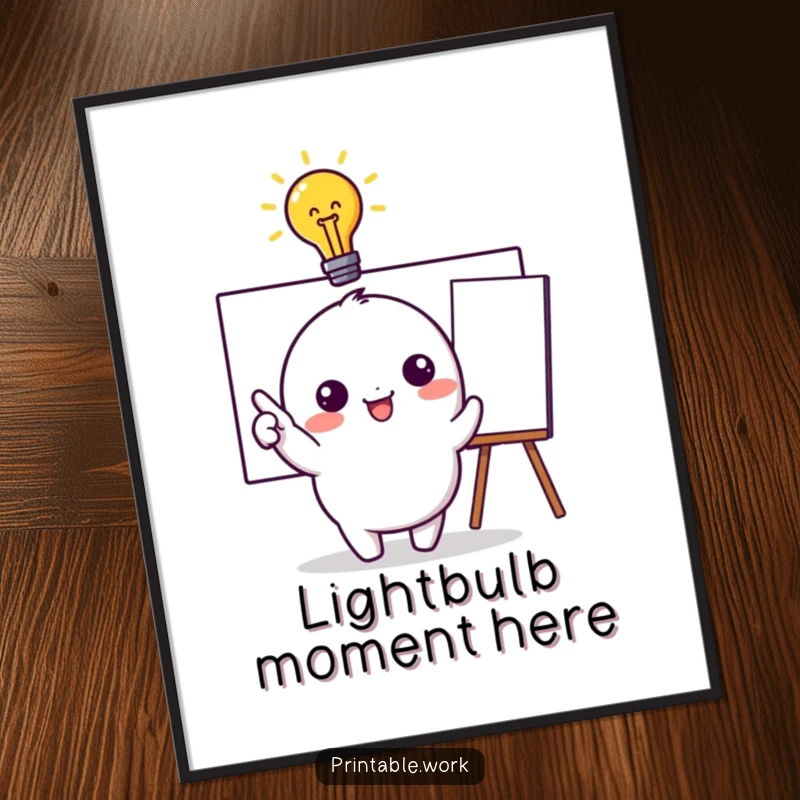 Funny Poster: Vibrant artwork of a kawaii character with a lightbulb above its head, pointing excitedly at a whiteboard, symbolizing genius.