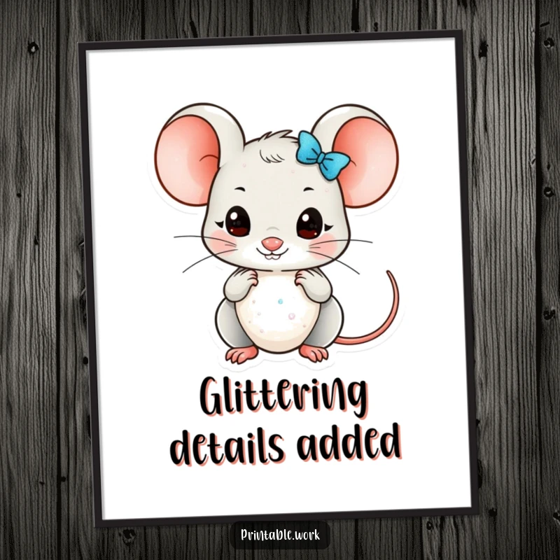 Funny Kawaii mouse character arranging glittery embellishments on a poster, adding meticulous art and humor to any wall.