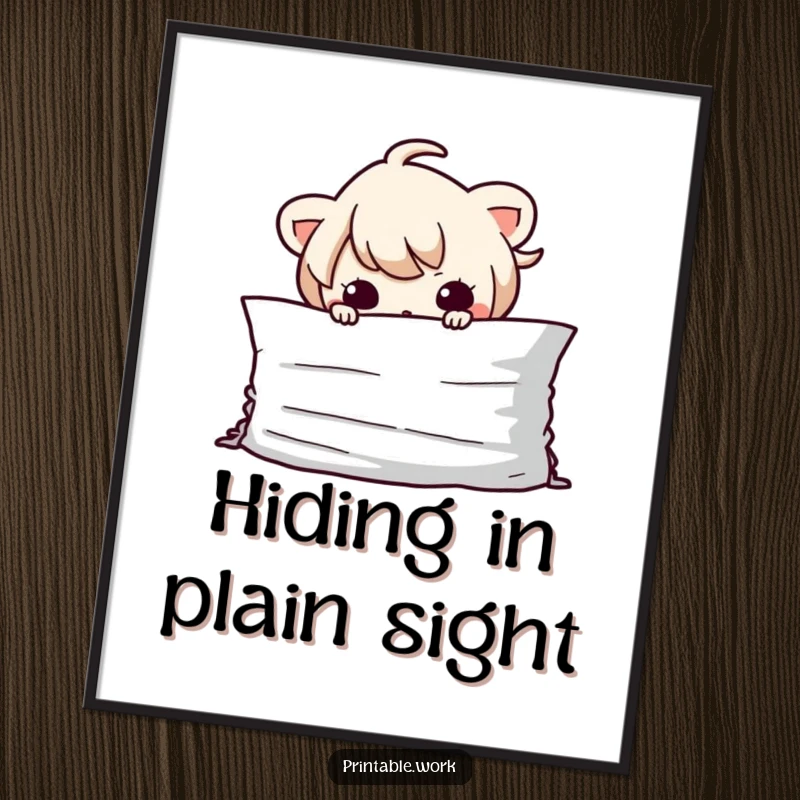 Funny Kawaii character hiding coyly behind a large pile of documents on a humorous and engaging poster.